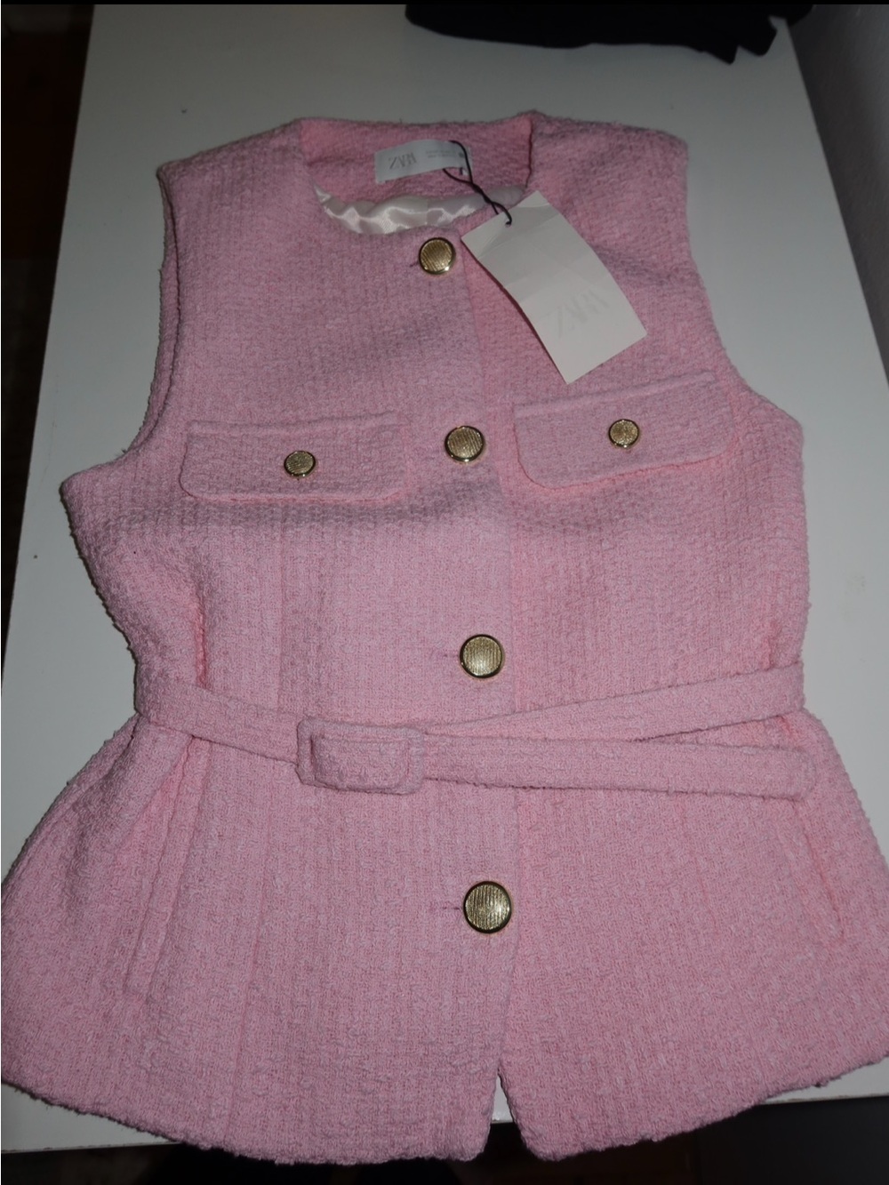 Zara Pink Tweed Belted Vest with Gold Buttons